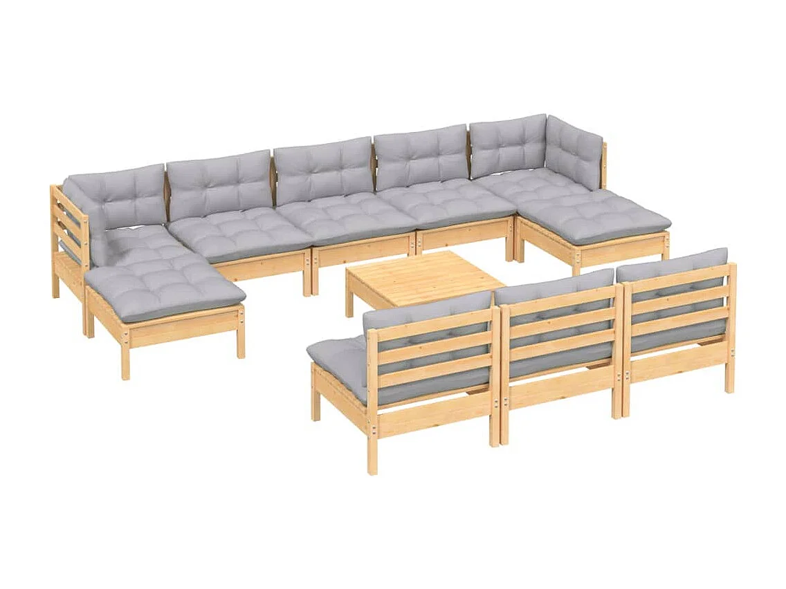 Salon de jardin 11 pièces avec coussins gris bois de pin