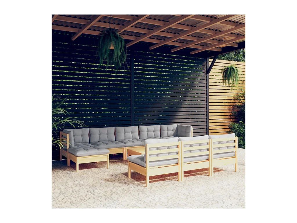 Juego de muebles de jardín 11 piezas y cojines madera pino gris