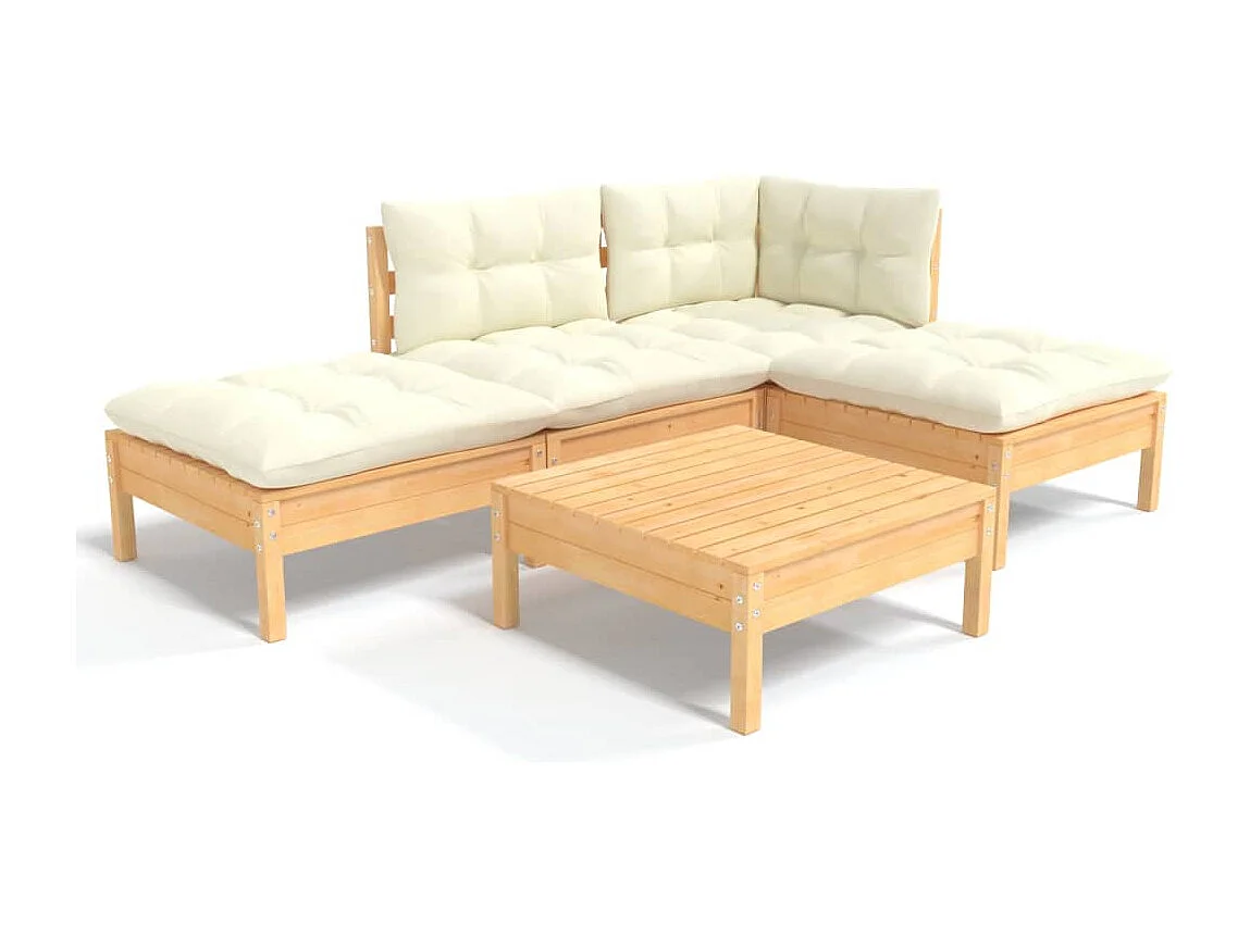 Muebles de jardín 5 piezas cojines madera de pino crema
