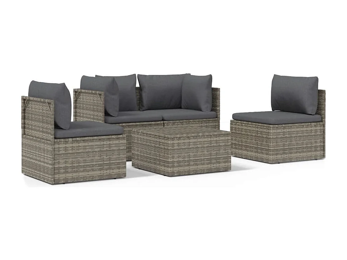 5 peças conjunto lounge de jardim c/ almofadões vime PE cinzento