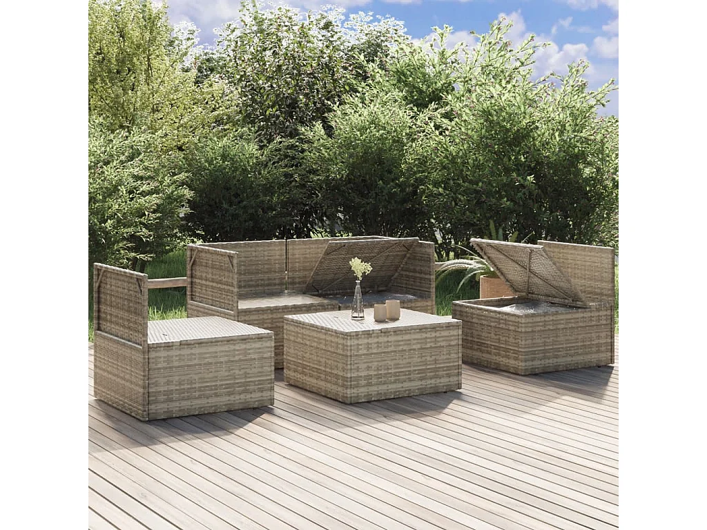 5 peças conjunto lounge de jardim c/ almofadões vime PE cinzento