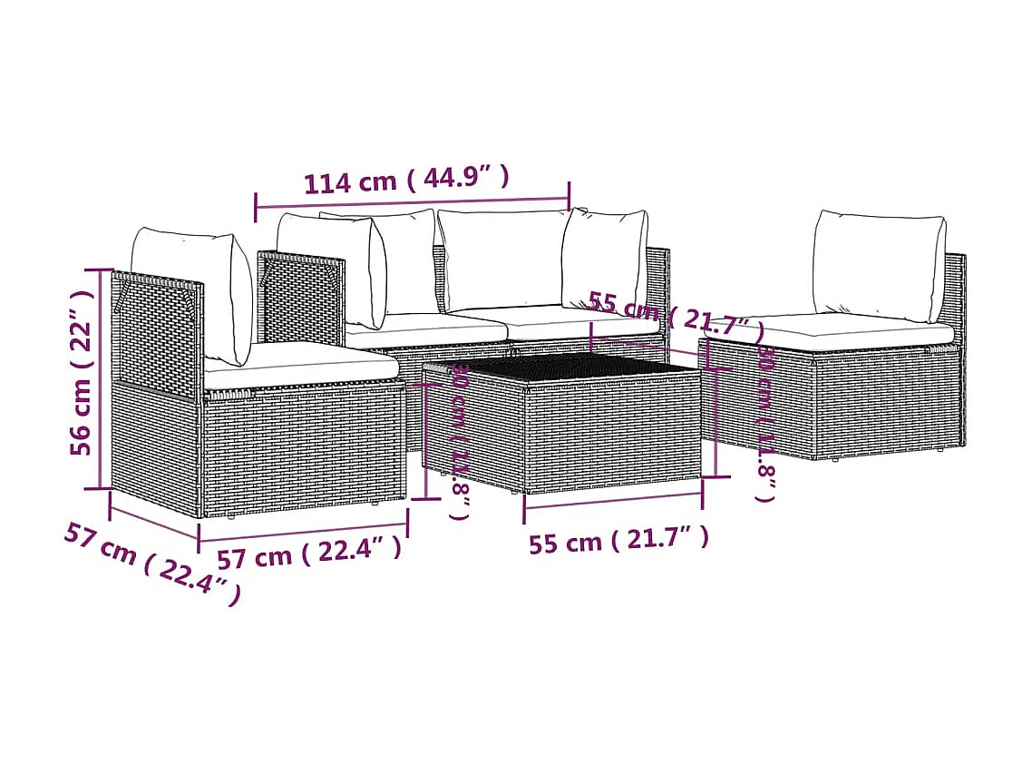 5 peças conjunto lounge de jardim c/ almofadões vime PE cinzento