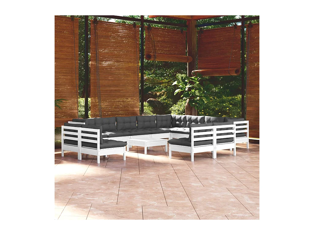 Salon de jardin 13 pièces avec coussins blanc bois de pin solide