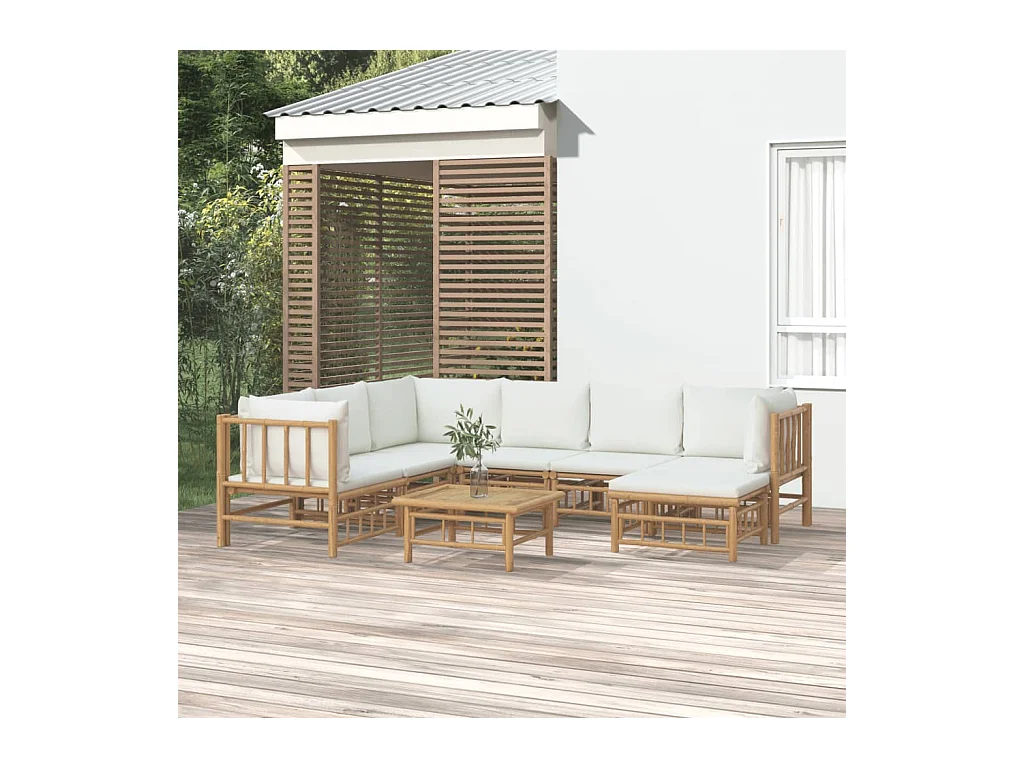 Salon de jardin 8 pièces avec coussins blanc crème bambou
