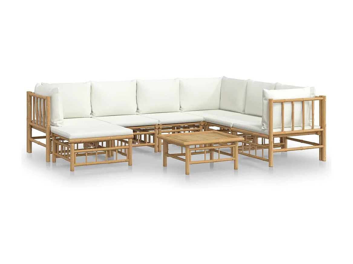 Set de muebles de jardín 8 piezas bambú y cojines blanco crema
