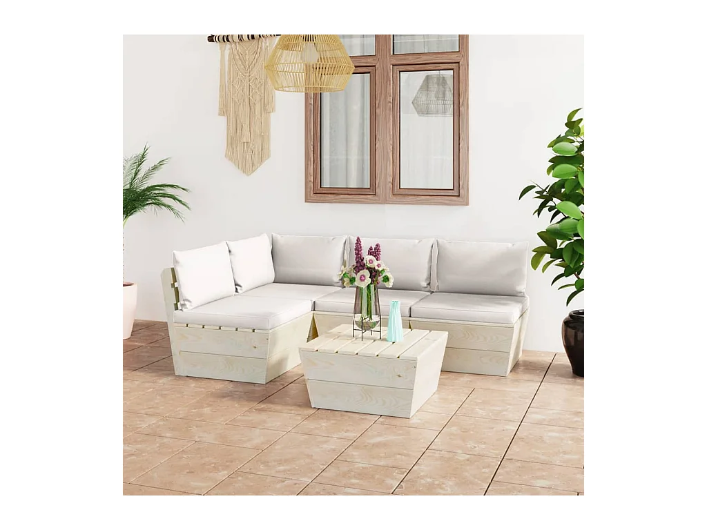Salon de jardin palette 5 pièces avec coussins Épicéa imprégné