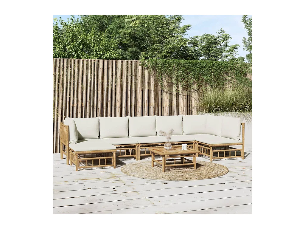 Salon de jardin 8 pièces avec coussins blanc crème bambou