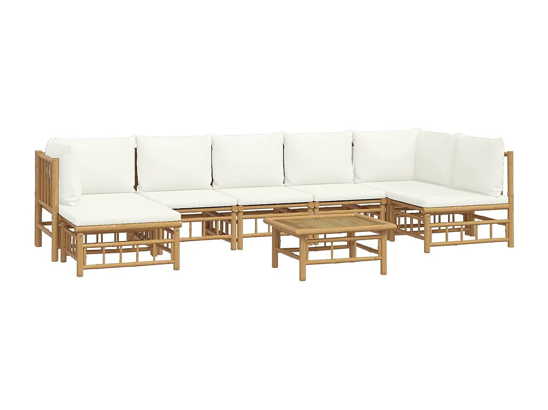 Set de muebles de jardín 8 piezas bambú y cojines blanco crema