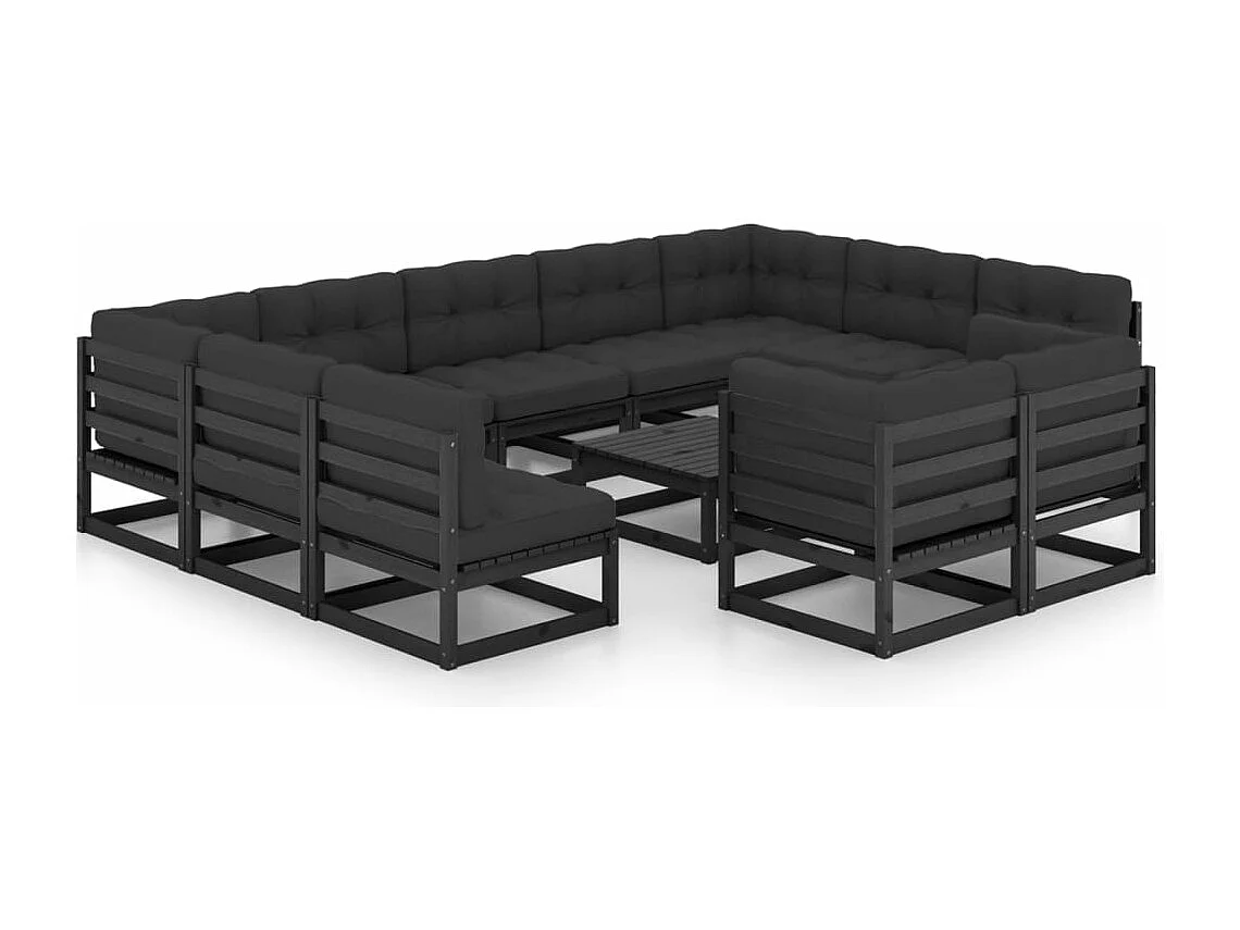 Salon de jardin 12 pièces avec coussins Noir Bois de pin massif