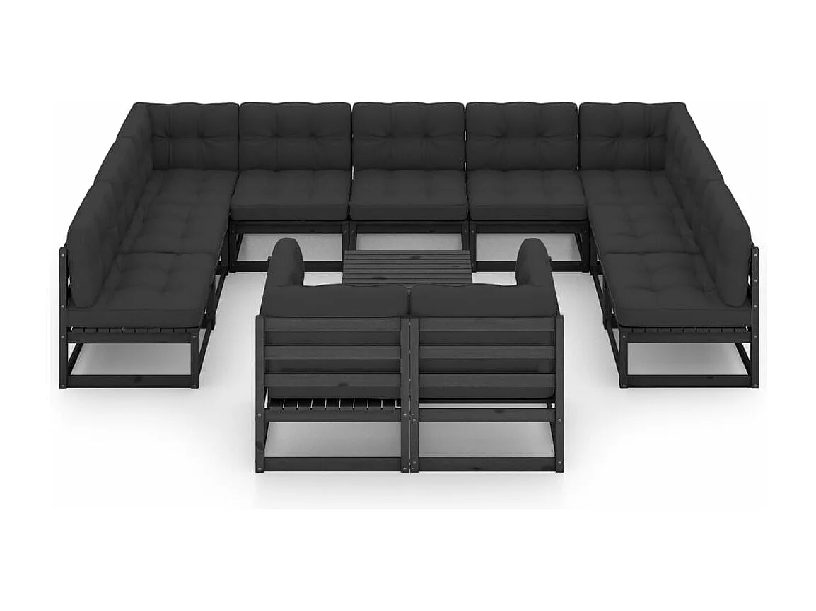 Salon de jardin 12 pièces avec coussins Noir Bois de pin massif