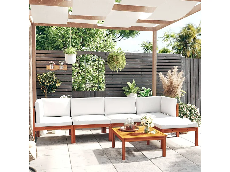 Salon de jardin 6 pièces avec coussins Crème Bois d'acacia solide