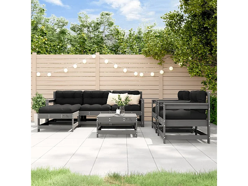 Salon de jardin 7 pièces avec coussins gris bois massif