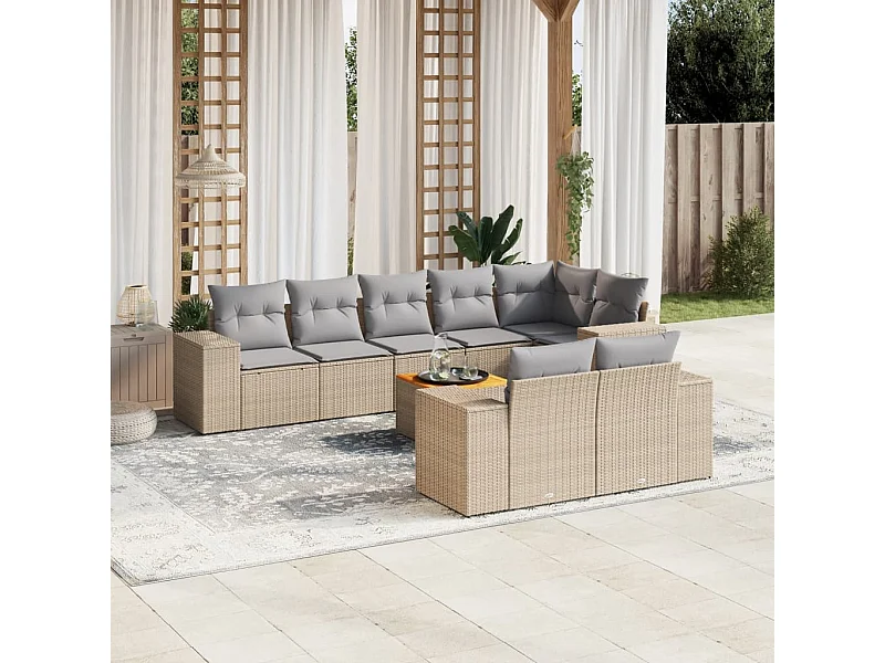 9-delige Loungeset met kussens poly rattan beige