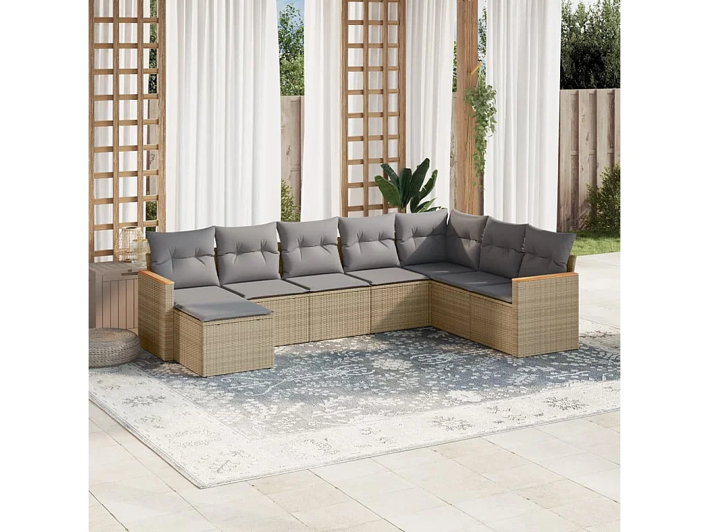 8-delige Loungeset met kussens poly rattan beige
