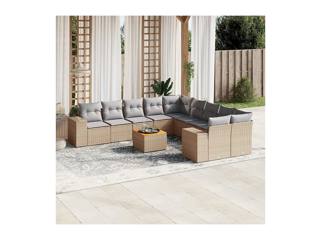 Salon de jardin 11 pièces avec coussins beige résine tressée