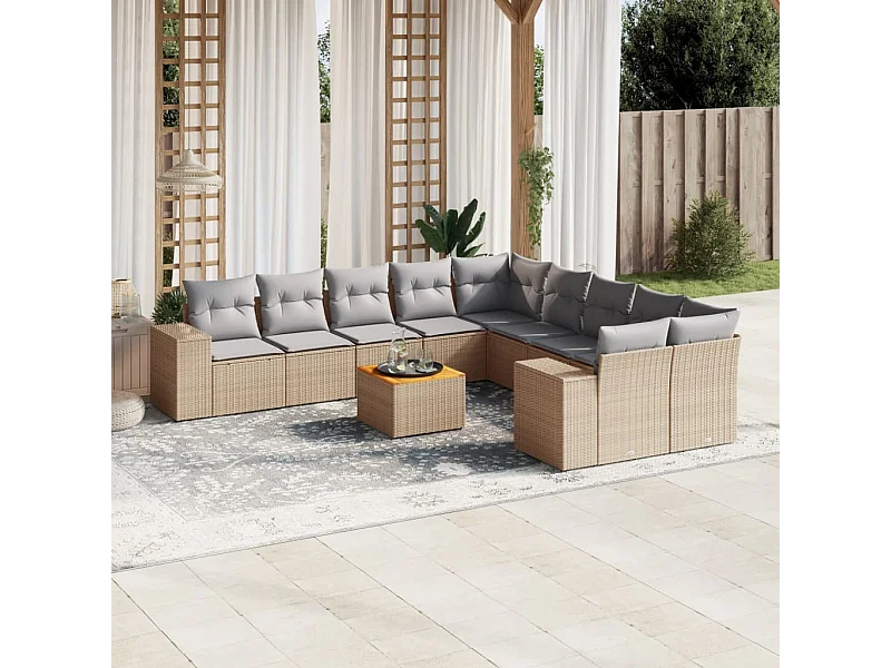Salon de jardin 11 pièces avec coussins beige résine tressée