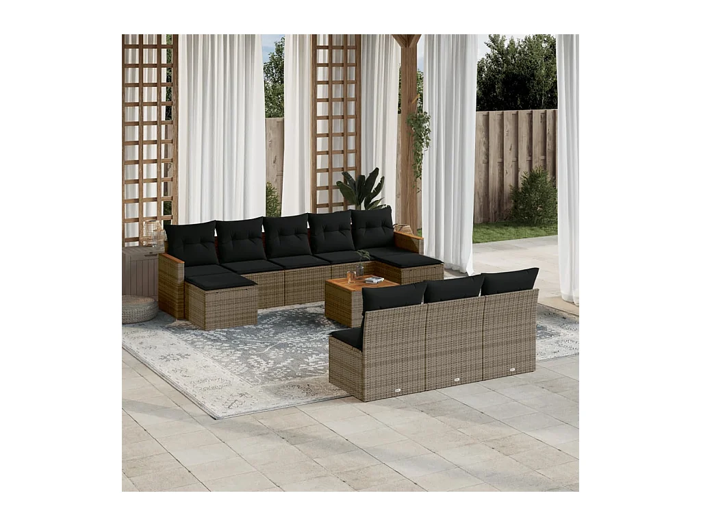 11 peças conjunto sofás de jardim c/ almofadões vime PE cinzento