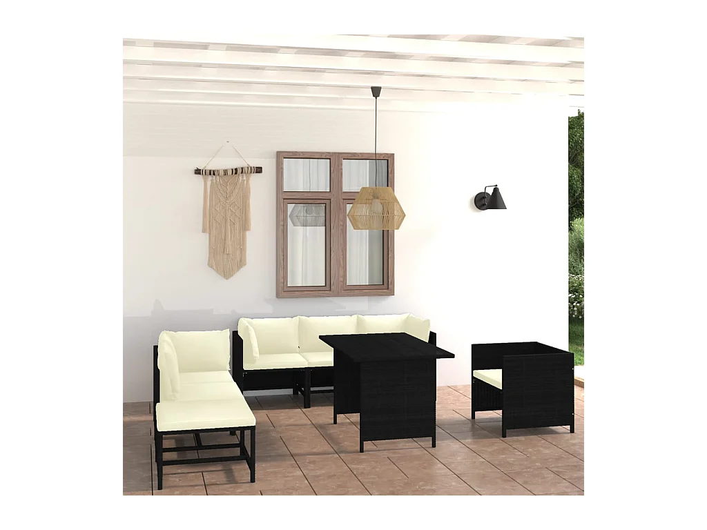 Salon de jardin 8 pièces avec coussins Résine tressée Noir