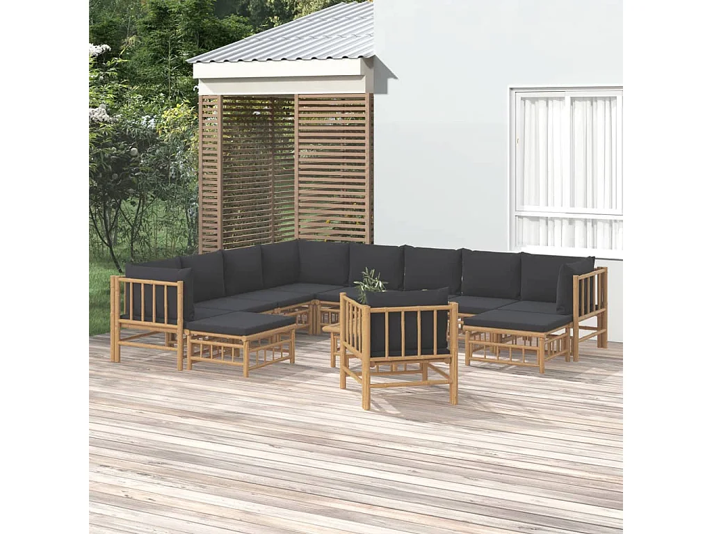 Salon de jardin 12 pièces avec coussins gris foncé bambou