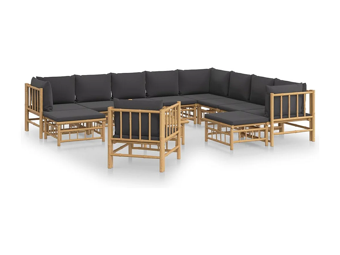 Salon de jardin 12 pièces avec coussins gris foncé bambou