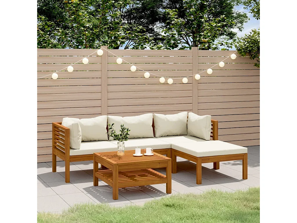 Salon de jardin 5 pièces avec coussin crème Bois d'acacia solide