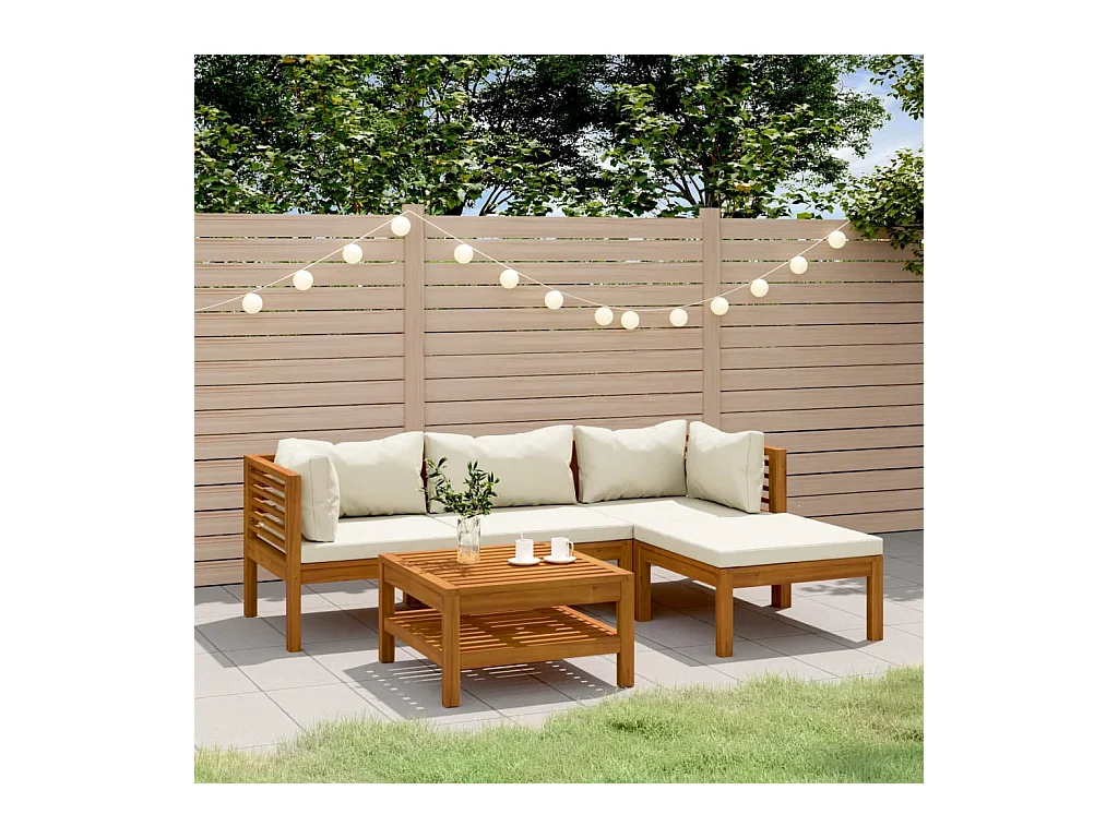 Salon de jardin 5 pièces avec coussin crème Bois d'acacia solide