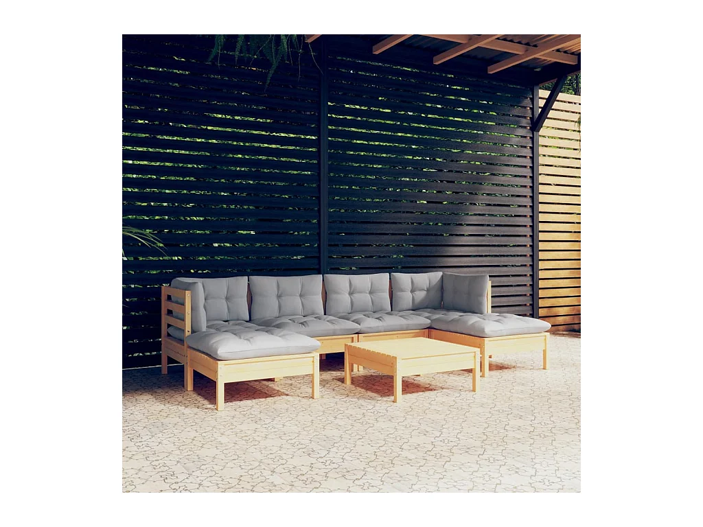 Juego de muebles de jardín 7 piezas y cojines madera pino gris
