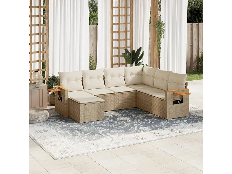 7 peças conjunto de sofás p/ jardim com almofadões vime PE bege