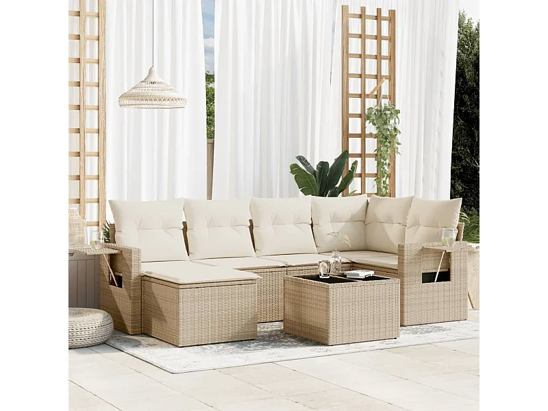 7-delige Loungeset met kussens poly rattan beige