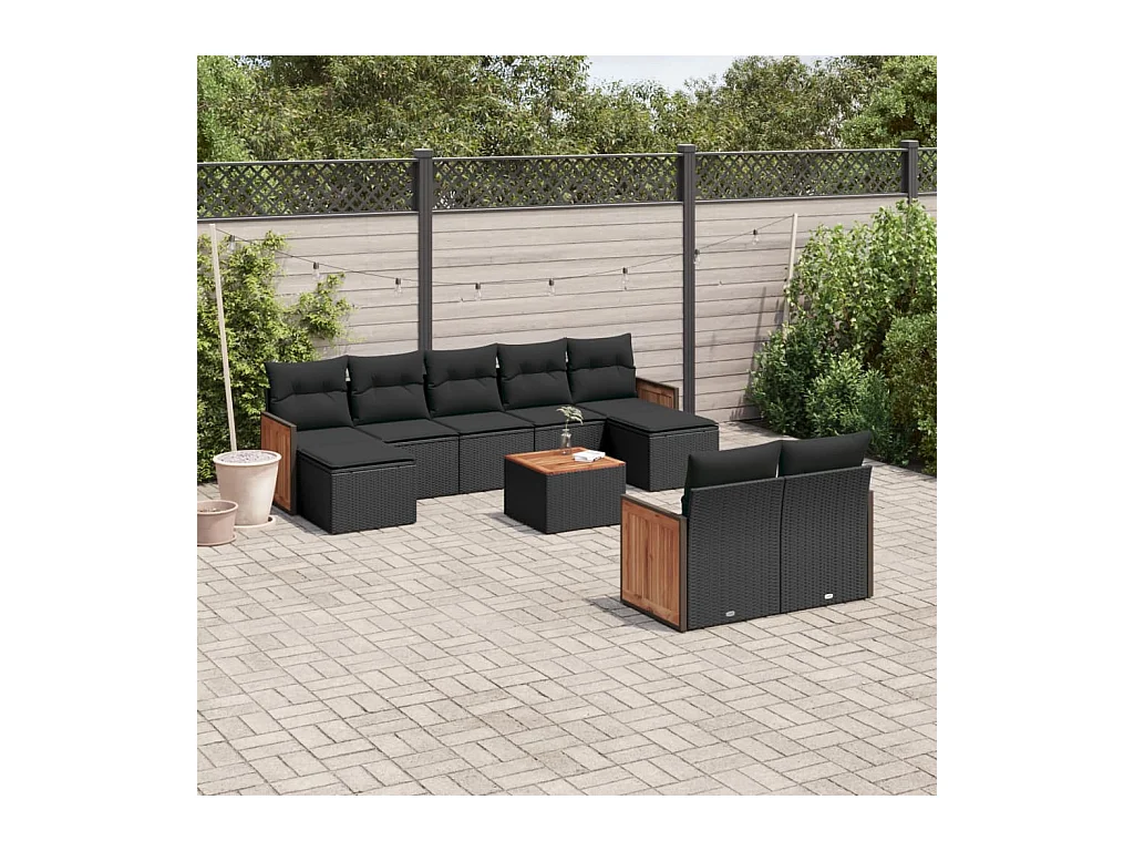 Salon de jardin 10 pièces avec coussins noir résine tressée