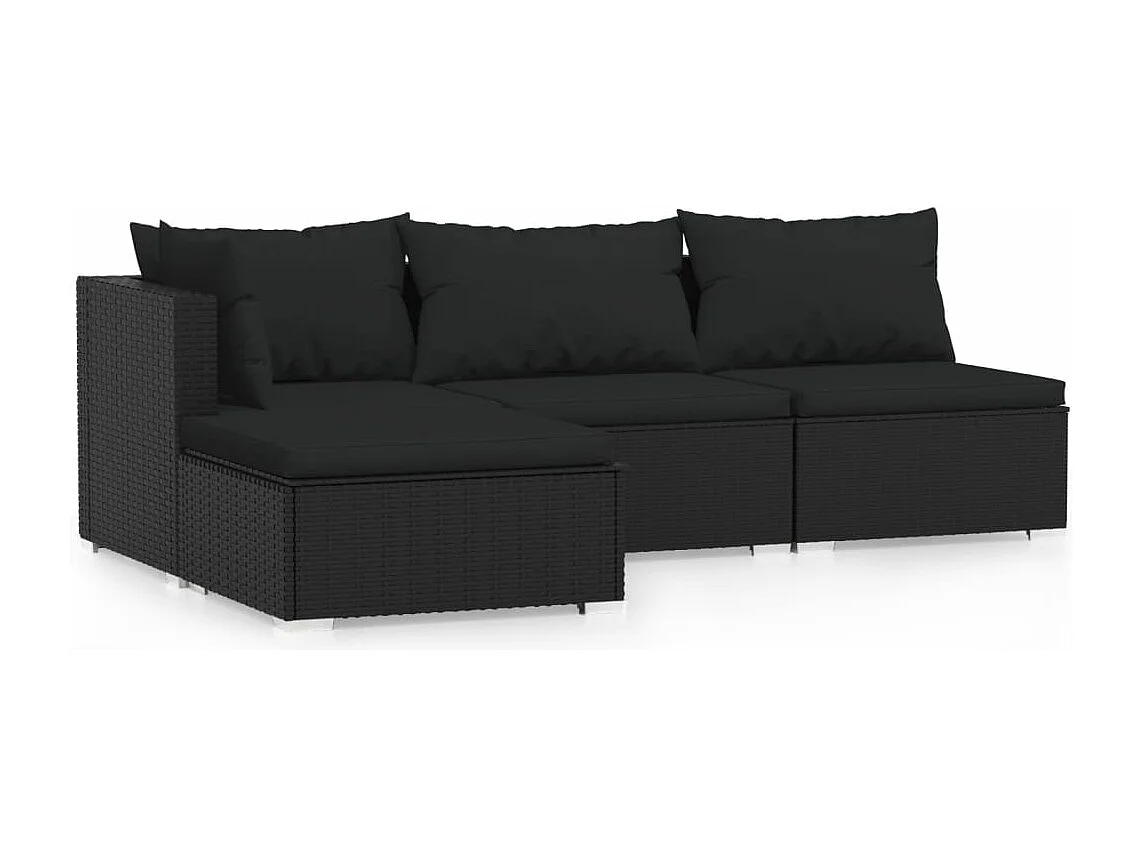 4 peças conjunto lounge de jardim c/ almofadões vime PE preto