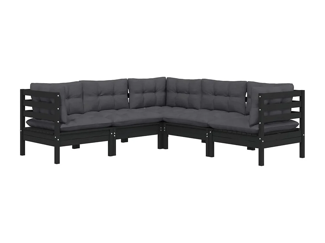 Salon de jardin 5 pièces avec coussins Noir Bois de pin solide