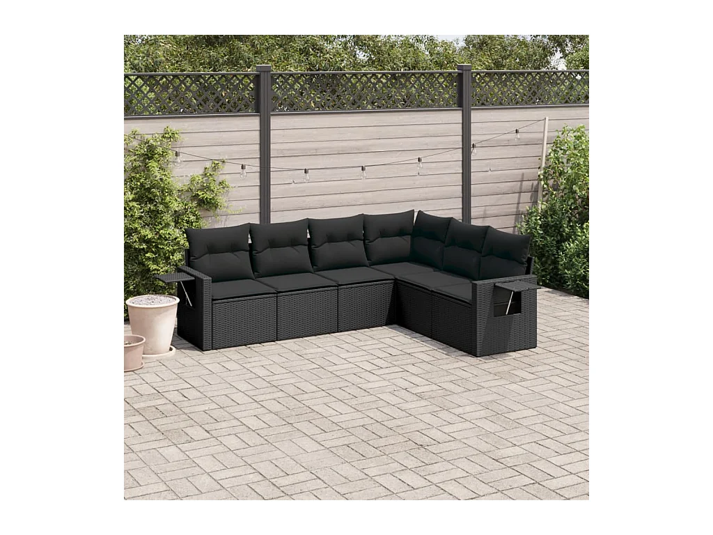 Set de sofás de jardín 6 piezas y cojines ratán sintético negro