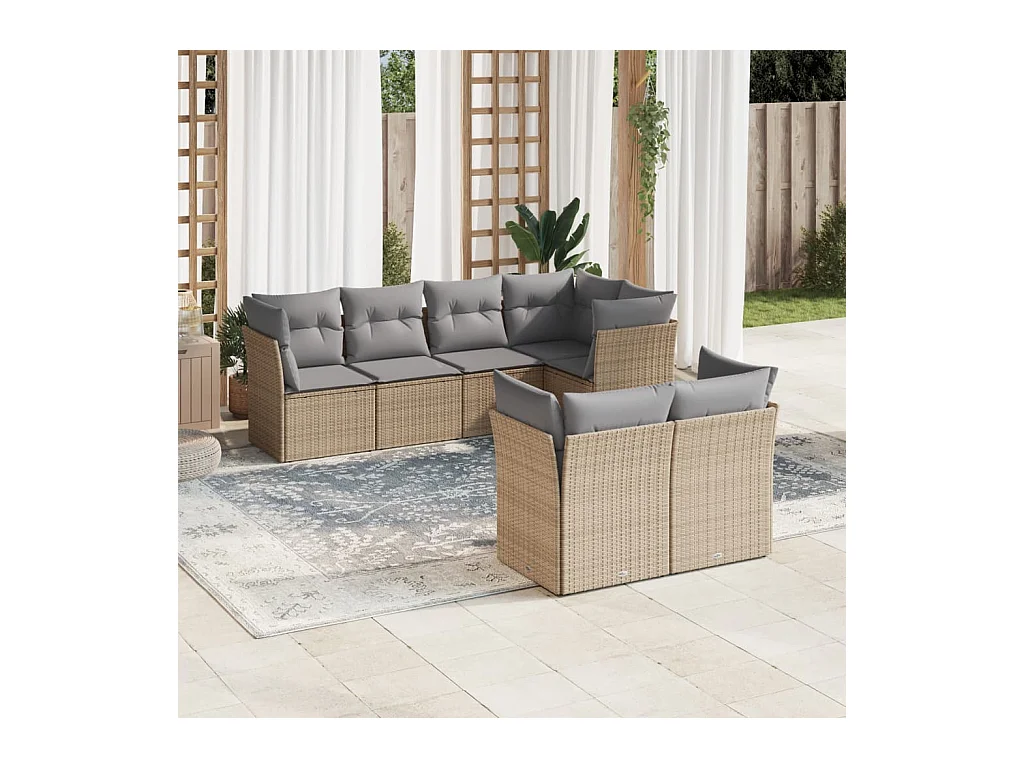 Salon de jardin avec coussins 7 pièces beige résine tressée