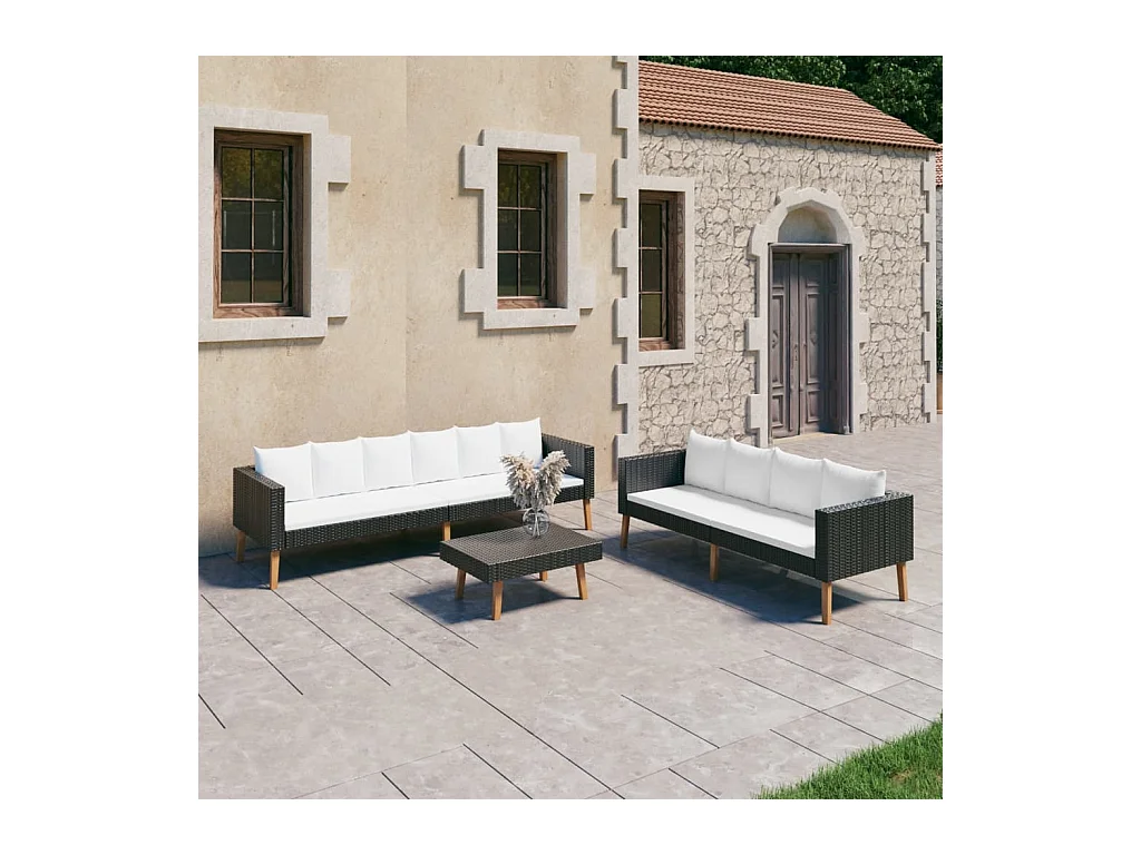 Salon de jardin 3 pièces avec coussins Résine tressée Noir