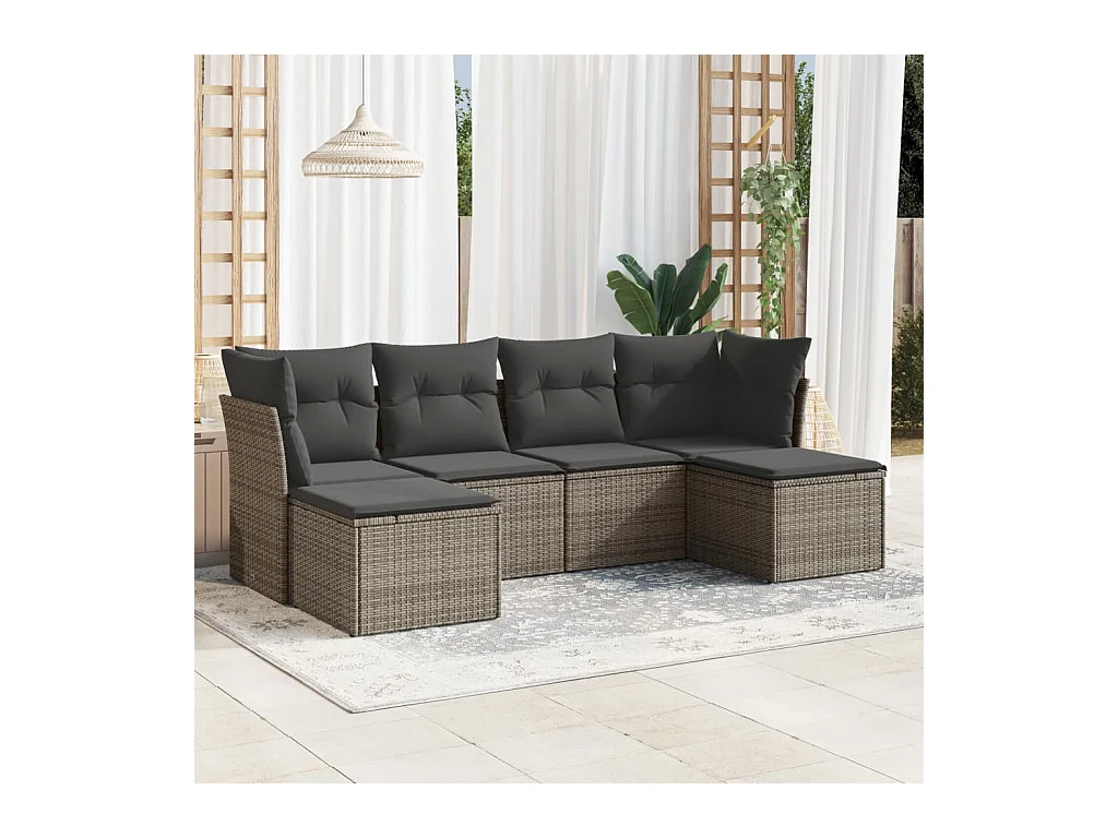 Salon de jardin 6 pièces avec coussins gris résine tressée