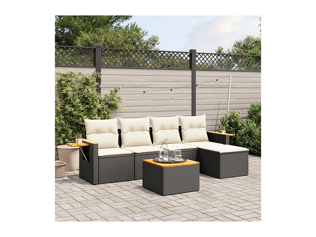 Salon de jardin 6 pièces avec coussins noir résine tressée