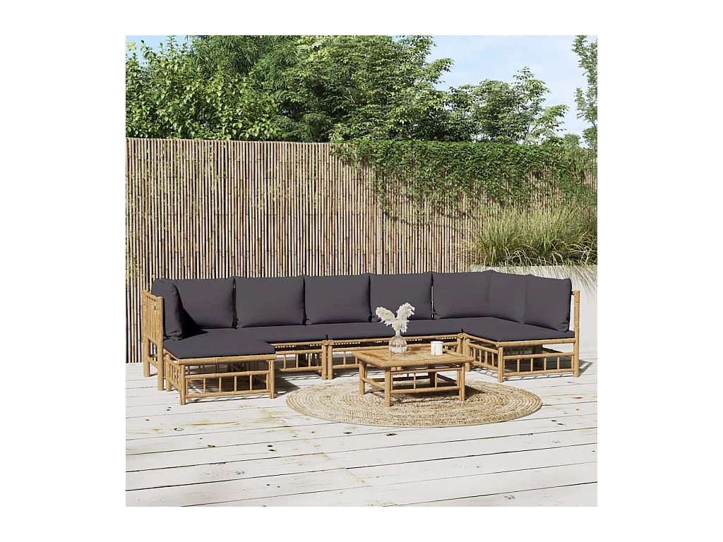 Salon de jardin 8 pièces avec coussins gris foncé bambou