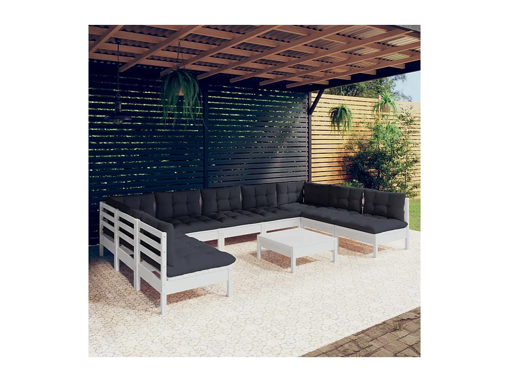 Salon de jardin 10 pièces avec coussins blanc bois de pin solide