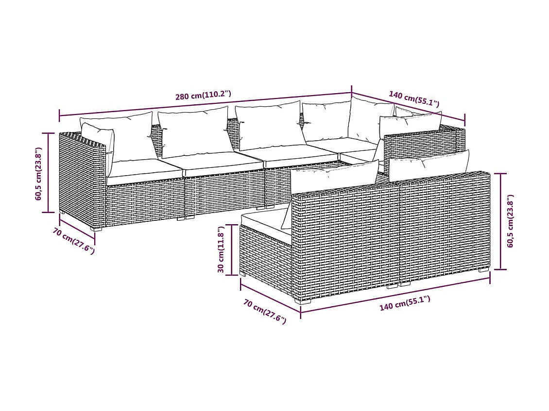 7-delige Loungeset met kussens poly rattan bruin
