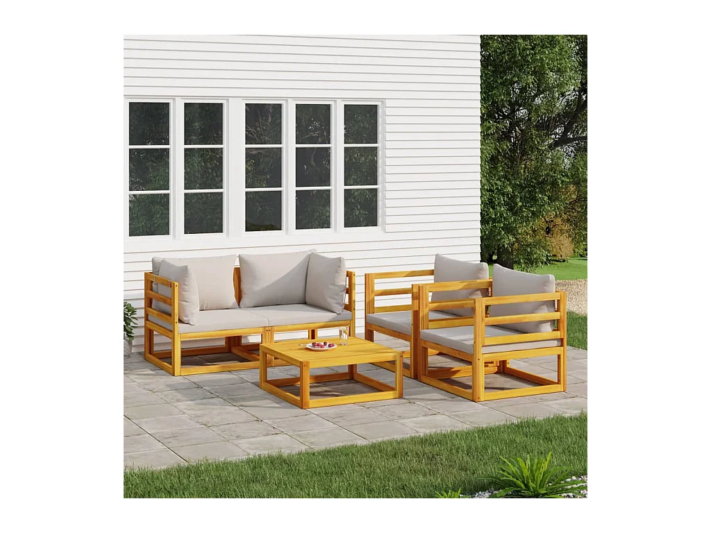 Salon de jardin 5 pièces avec coussins gris clair bois massif