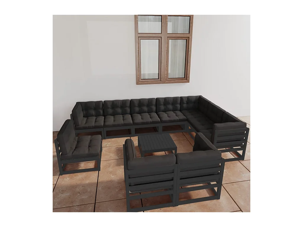 11-delige Loungeset met kussens massief grenenhout zwart
