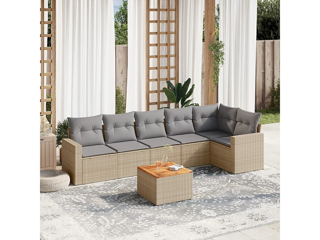 7-delige Loungeset met kussens poly rattan gemengd beige