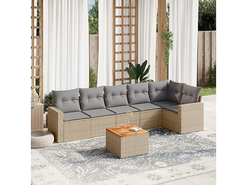7-delige Loungeset met kussens poly rattan gemengd beige