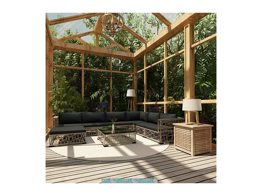 Salon de jardin 8 pièces avec coussins Résine tressée Gris