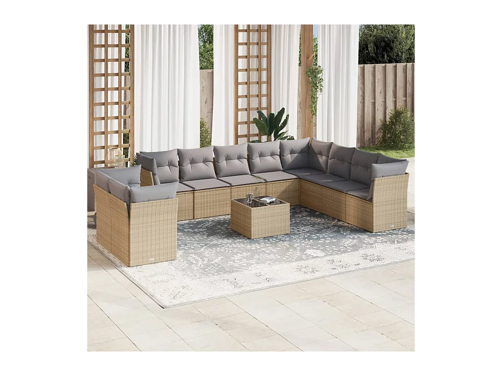 Salon de jardin 11 pièces avec coussins beige résine tressée