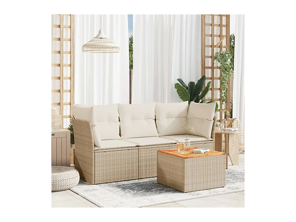 Salon de jardin avec coussins 4 pièces beige résine tressée