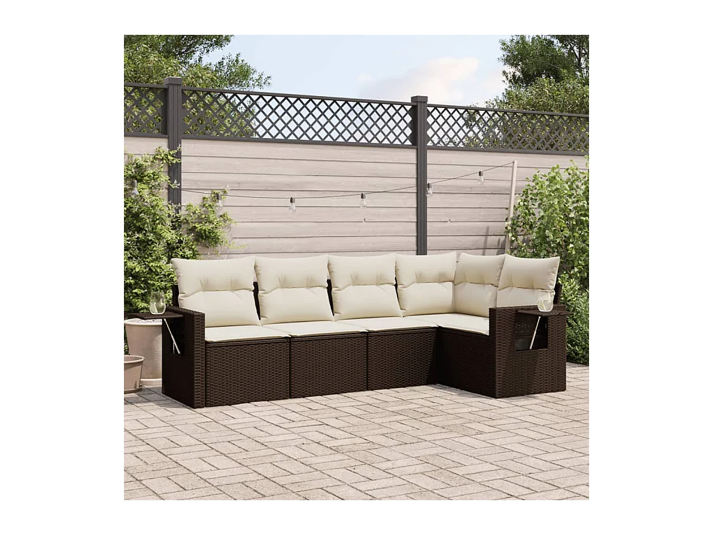 Salon de jardin avec coussins 5 pièces marron résine tressée
