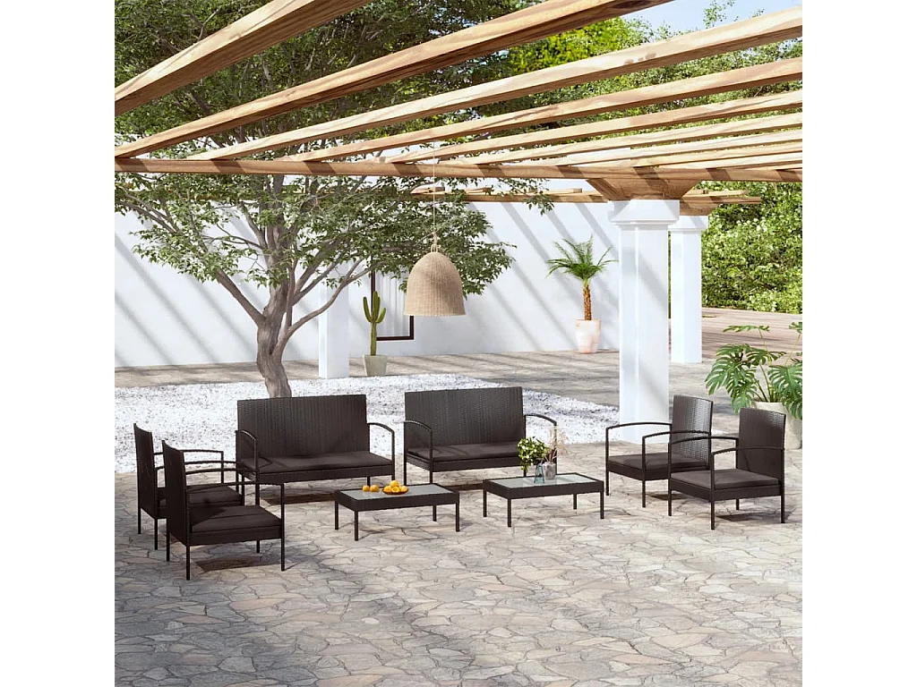 Set muebles de jardín 8 piezas y cojines ratán sintético negro