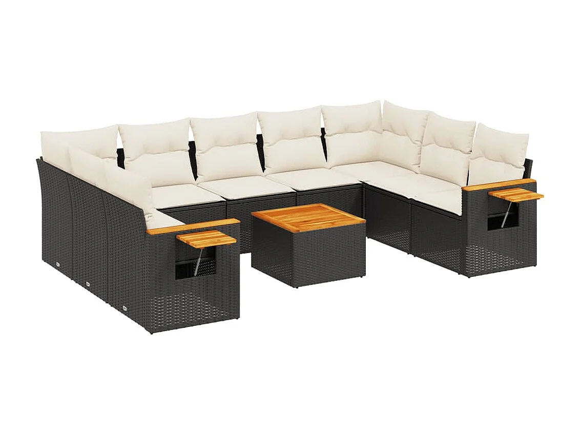 Salon de jardin 10 pièces avec coussins noir résine tressée